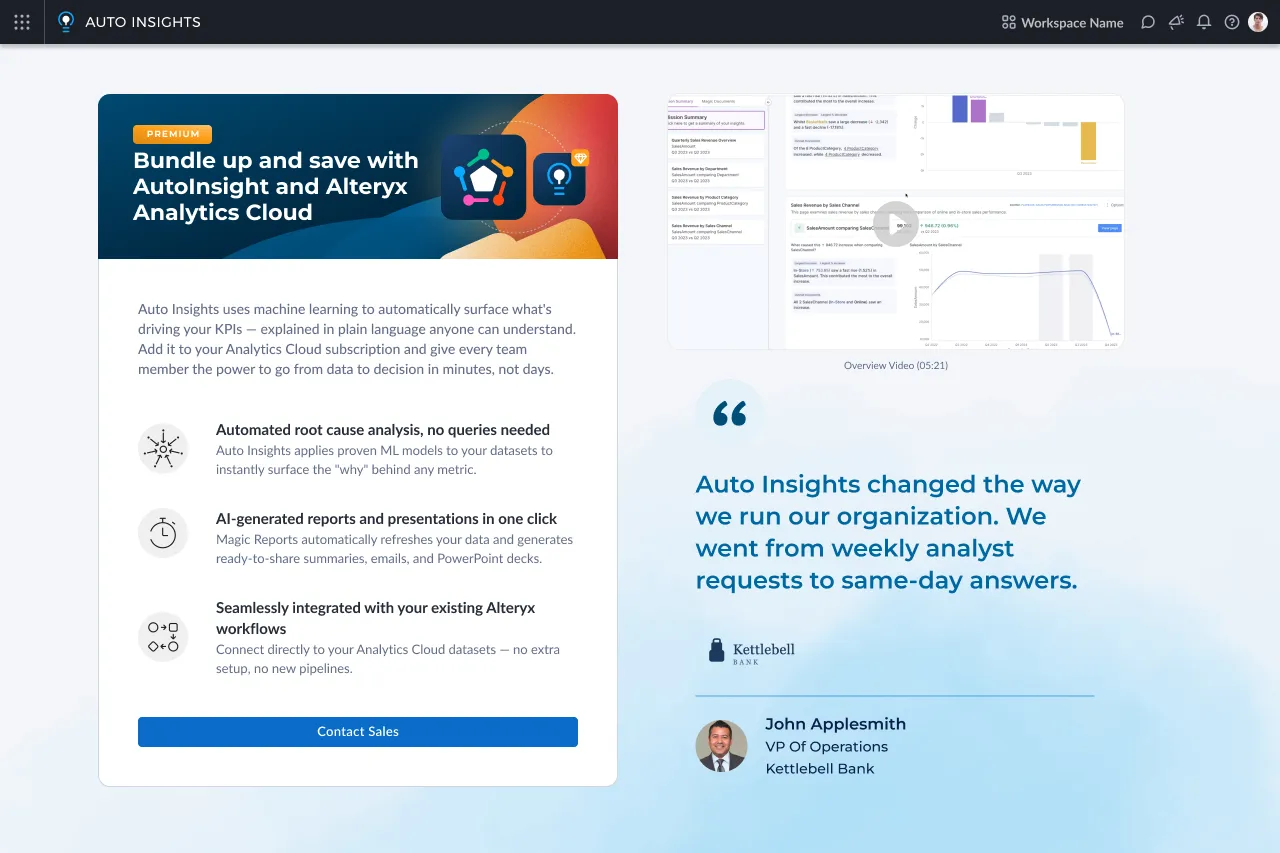 An upsell screen inside Auto Insights. A card badged "PREMIUM" reads "Bundle up and save with AutoInsight and Alteryx Analytics Cloud", lists three benefits — automated root cause analysis, AI-generated reports, and integration with existing Alteryx workflows — and ends in a Contact Sales button. Beside it sit an overview video thumbnail and a customer quote attributed to a VP of Operations.